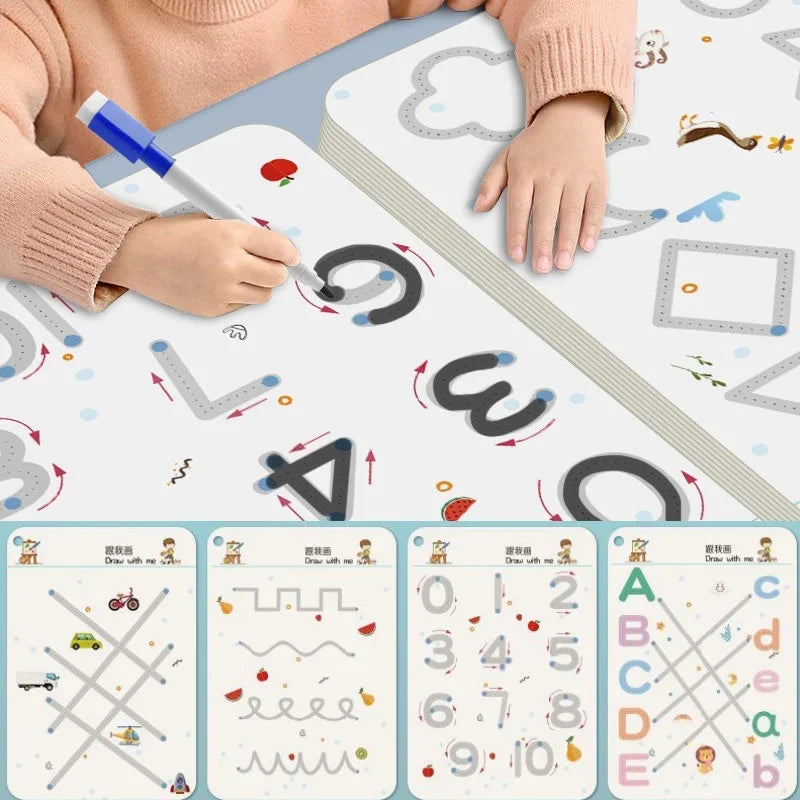 Enfant traçant des lignes sur cahier Montessori réutilisable avec stylo effaçable