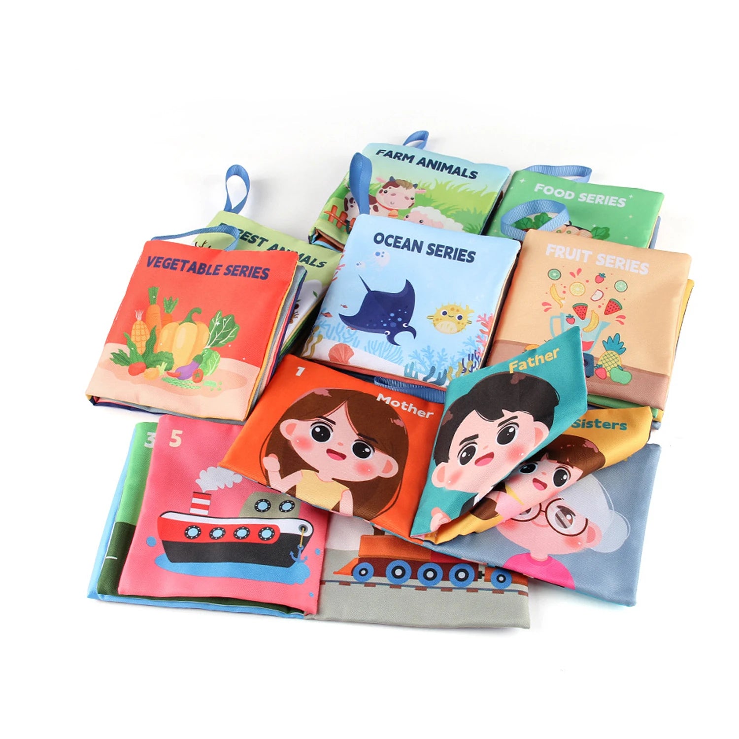 Livres sensoriels Montessori en tissu pour bébé, collection éducative 1–3 ans avec thèmes fruits, légumes, animaux et famille