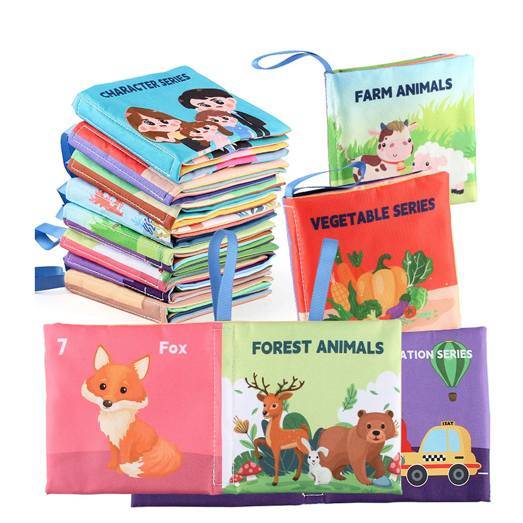  Livres sensoriels Montessori en tissu pour bébé, collection éducative 1–3 ans avec séries Farm Animals, Vegetable, Forest Animals, Transportation et Character, éveil tactile et visuel