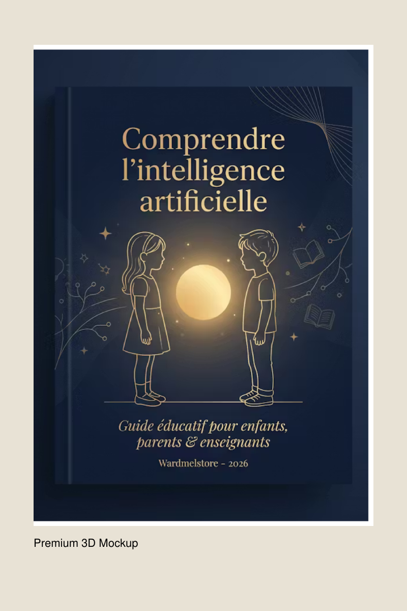 Mockup 3D de l’e‑book “Comprendre l’intelligence artificielle” – guide éducatif pour enfants, parents et enseignants