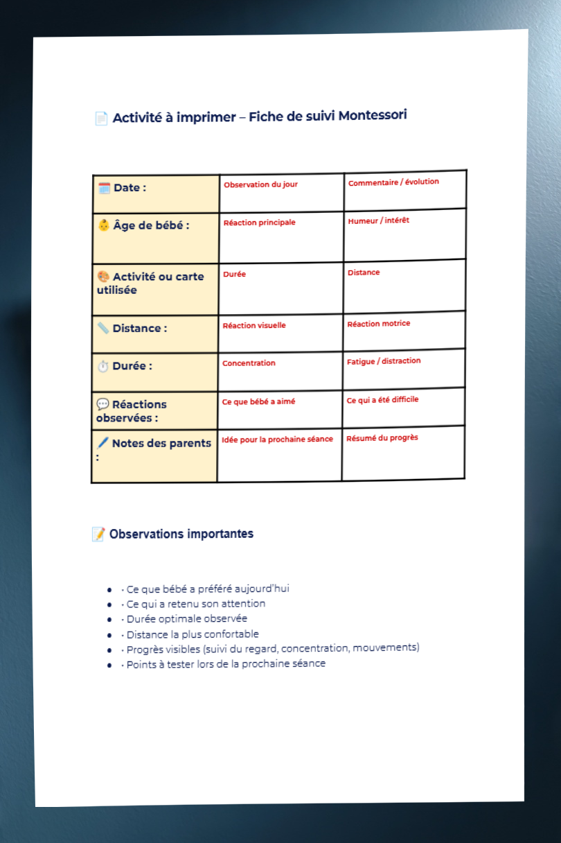 Mockup de la fiche imprimable Montessori de suivi des activités, posée sur fond bleu nuit premium.