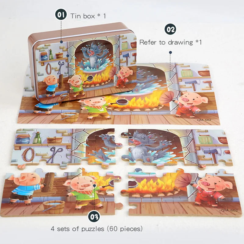 Puzzle éducatif 60 pièces enfant – thème petits cochons – pièces visibles sur la table – Wardmelstore