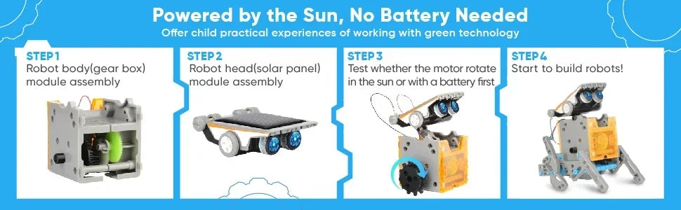 Guide visuel illustrant les étapes de construction du robot solaire